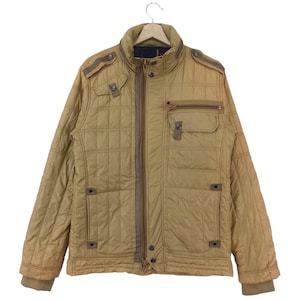 May include: A quilted brown jacket with a zipper closure and multiple pockets. The jacket has a stand-up collar and a brown zipper pull.
