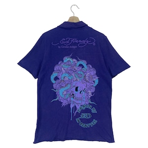 Vintage Ed Hardy Polo Shirt Half Button Skeleton Art Bling Blue Shirt Size Medium