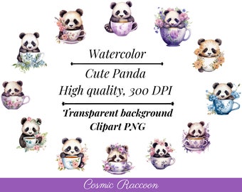 22 mignon aquarelle Panda Clipart, 300 DPI, téléchargement numérique en PNG, bébé panda, printemps Clipart, Scrapbooking, Panda dans la tasse, fleurs