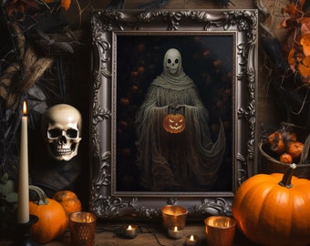 Ghost Holding a Pumpkin Lantern | Halloween | Wall Decor | 300 DPI | Cute Horror | Digital product | Spooky Halloween | Ghost art print