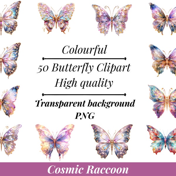 50 Colorful Butterfly, 300 DPI Butterfly Clipart PNG, Commercial License, Butterfly Bundle Illustrations, Digital Art, Butterflies Graphics