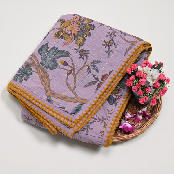 Summer Light Quilt Coverlet Bedspread, Kantha floral garden design, contrast knitted edges, pure cotton - Lavender, Beige and White choices