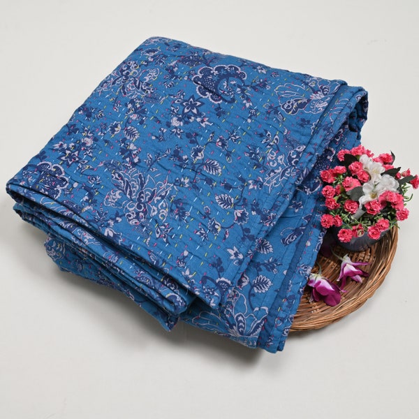 Kantha Quilt, Jaipur handmade for use as Light Quilt, Bedspread, Throw, or Gifting. Intricate floral design, Highest quality pure cotton