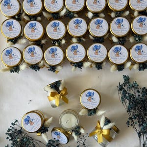 Baby Shower Candle Favors: Glass Jar with Dried Flowers, Personalized Stickers
