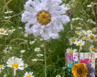 Frilly Crochet Daisy, Poppy & Sunflower Flower Stems.