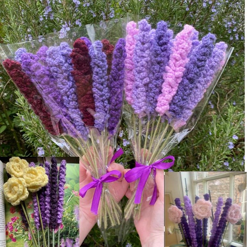 Handmade Crocheted Purple Lavender Bouquets of 10 stems (stem length 12” approx). Also, Lavenders with Roses,