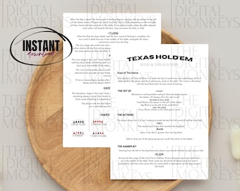 May include: A printable guide to Texas Hold'em poker rules and explanations. The guide includes information on the goal of the game, the set up, the actions, the hand rankings, and the gameplay. The guide is printed on white paper with black text.