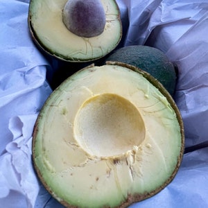 May include: Two halves of a ripe avocado with a pale green interior and a dark, textured outer skin. One half contains a large, round, light brown pit, while the other half shows a circular indentation where the pit was previously located.