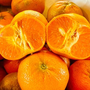 May include: Close-up of several bright orange tangerines, one cut in half to reveal the juicy segments. The tangerines are piled together, showcasing their vibrant color and textured skin. A healthy snack.
