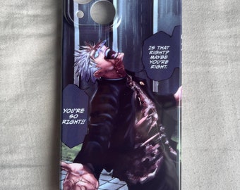 May include: A black and white phone case with a manga-style illustration of a man with white hair and a black jacket. The man is yelling and the text on the case says "Is that right? Maybe you're right." and "You're so right!"