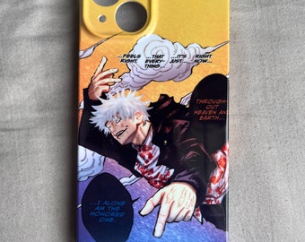 May include: A yellow iPhone case with a graphic of a character from a manga series. The character is a young man with white hair and red eyes. He is wearing a black jacket and a red shirt. The text on the case reads "...feels right...that every thing...it's just...right now...through out heaven and earth...I alone am the honored one."