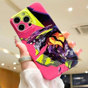 May include: A pink phone case with a graphic of a robot from the anime Neon Genesis Evangelion. The robot is in shades of purple, yellow, and green. The phone case has a cutout for the camera lens.