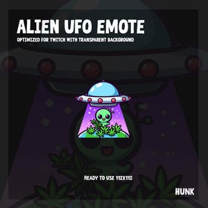 Könnte beinhalten: Cartoon-Illustration eines Aliens in einem UFO. Das Alien ist grün mit großen Augen und hält Cannabisblätter. Das UFO ist hellblau mit roten Lichtern. Text: "ALIEN UFO EMOTE" und "READY TO USE 112X112".