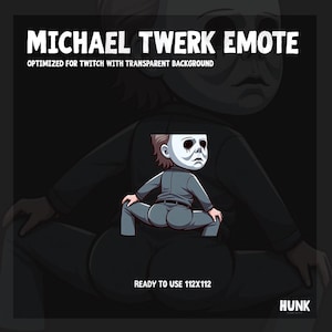 Könnte beinhalten: Eine digitale Illustration einer Figur aus dem Horrorfilm Halloween, Michael Myers, in einer Twerking-Pose. Das Bild ist für Twitch optimiert und hat einen transparenten Hintergrund. Der Text "MICHAEL TWERK EMOTE" und "READY TO USE 112X112" ist im Bild enthalten.