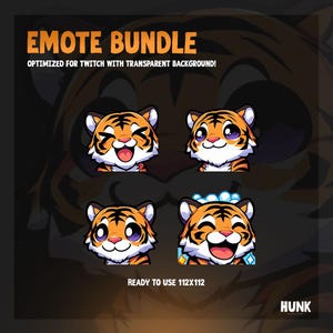 May include: A set of four animated tiger emotes for Twitch, featuring different expressions. The emotes are optimized for Twitch with transparent backgrounds and are ready to use at 112x112 pixels.