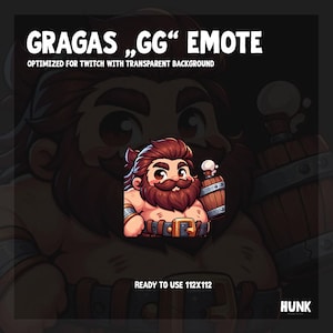 Puede incluir: Una ilustración de dibujos animados de un hombre con barba roja sosteniendo un barril de cerveza. La imagen está optimizada para Twitch con un fondo transparente. El texto "GRAGAS "GG" EMOTE" está en la parte superior de la imagen. El texto "READY TO USE 112X112" está en la parte inferior de la imagen. El texto "HUNK" está en la esquina inferior derecha de la imagen.