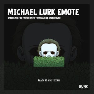 Könnte beinhalten: Digitalgrafik von Michael Myers, betitelt "MICHAEL LURK EMOTE". Das Bild zeigt eine weiße Maske mit roten Tränen, die aus grünem Laub hervortritt, vor dunklem Hintergrund. Der Text weist darauf hin, dass es für Twitch optimiert ist.