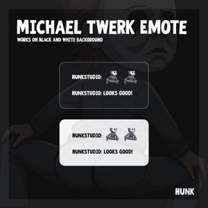 以下が含まれることがあります： キャラクターがtwerkダンスの動きをしているデジタルイラスト。キャラクターは白黒のマスクをしています。画像には「MICHAEL TWERK EMOTE」と「WORKS ON BLACK AND WHITE BACKGROUND」のテキストが含まれています。