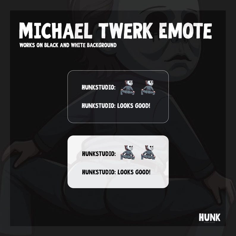 以下が含まれることがあります： キャラクターがtwerkダンスの動きをしているデジタルイラスト。キャラクターは白黒のマスクをしています。画像には「MICHAEL TWERK EMOTE」と「WORKS ON BLACK AND WHITE BACKGROUND」のテキストが含まれています。