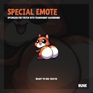 Könnte beinhalten: Ein Cartoon-Eichhörnchen-Emote mit braunem Körper, weißem Bauch und großen schwarzen Augen. Das Eichhörnchen lächelt und hat seinen Schwanz eingerollt. Das Emote ist für Twitch optimiert und hat einen transparenten Hintergrund. Der Text "SPECIAL EMOTE" und "READY TO USE 112X112" ist im Bild sichtbar.