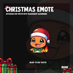 May include: A Christmas-themed Twitch emote featuring a cartoon character wearing a Santa hat and a green scarf. The character has orange skin, red cheeks, and a big smile. The background is transparent.