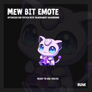 May include: A purple and blue cartoon character holding a purple gem. The character has a pink nose and blue eyes. The background is black with the text "MEW BIT EMOTE" and "OPTIMIZED FOR TWITCH WITH TRANSPARENT BACKGROUND".