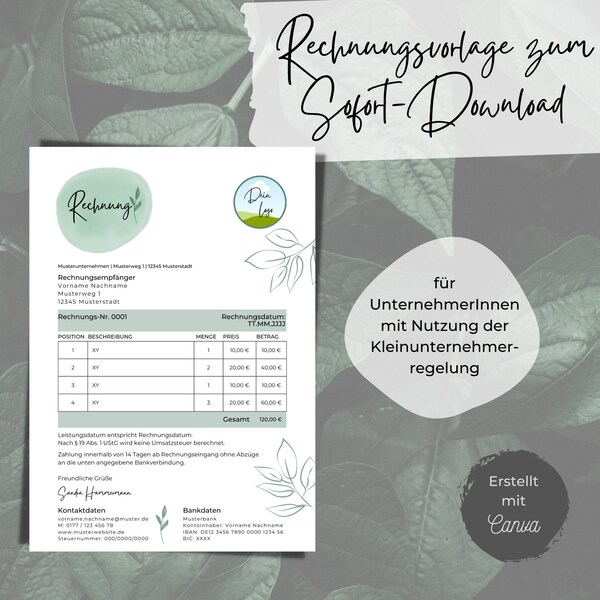 Rechnungsvorlage Deutsch | personalisierbare Canva-Vorlage | modern, grün, Pflanzen, Natur | Digitaler Download | Kleinunternehmer