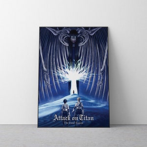 Op de afbeelding: Een poster met een scène uit de anime Attack on Titan. De poster toont twee personages die voor een grote, gloeiende boom staan. De boom wordt omringd door een donker, schaduwrijk figuur met vleugels. De tekst "Attack on Titan" en "The Final Season" staat onderaan de poster.