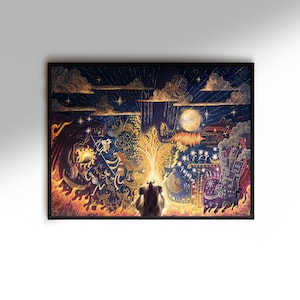 May include: A colorful, abstract painting depicting a large, glowing tree in the center, surrounded by various symbols and figures. The tree is surrounded by a fiery, orange and yellow glow, and the background is a dark blue with stars and clouds. A figure with horns stands in front of the tree, looking towards the viewer.