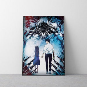 May include: A framed anime art print featuring two figures holding hands, walking away from the viewer. The background has a large, ominous figure and a blue and white color scheme. Sharp, claw-like shapes frame the bottom.