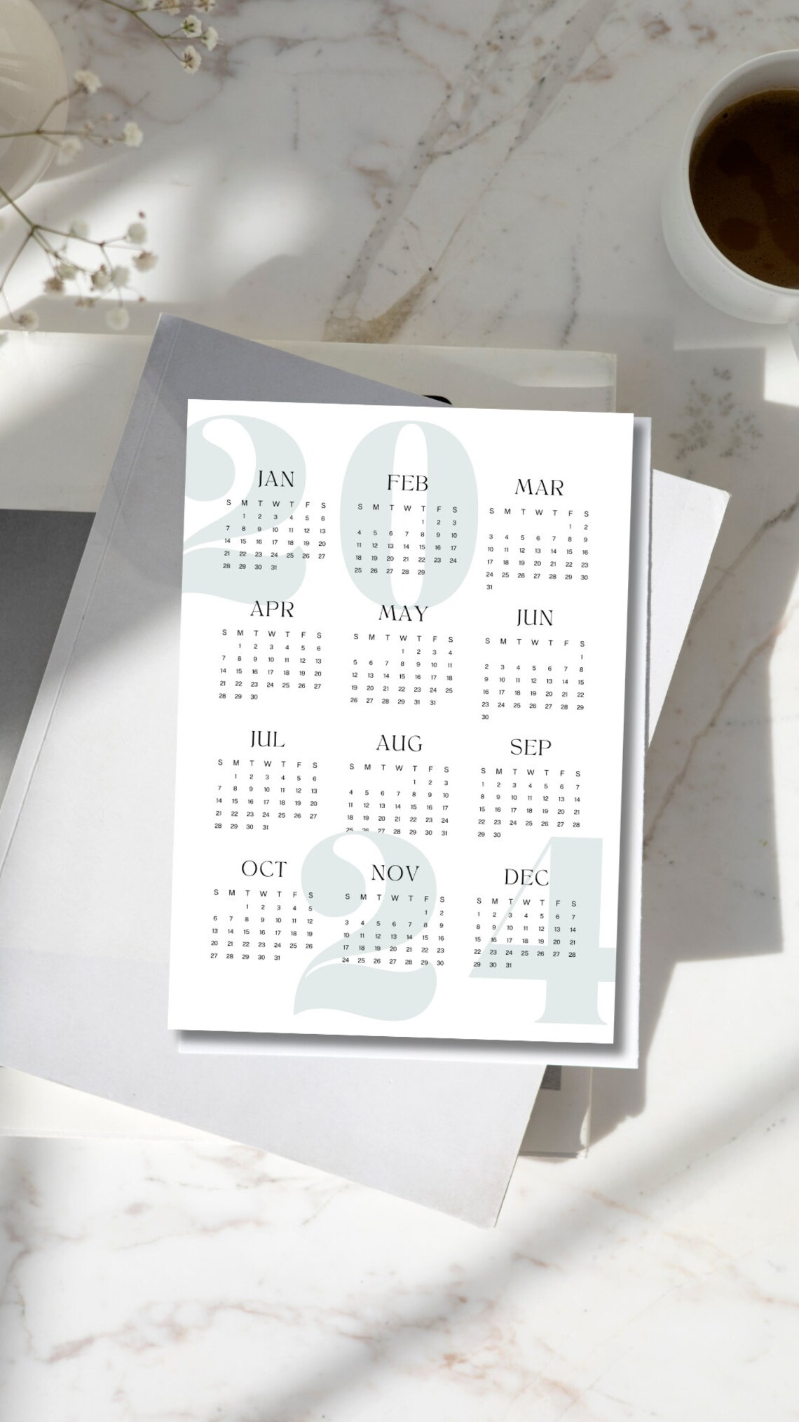 Printable Calendar 2024 Yearly A3, A4, US Letter Minimalist Aesthetic ...