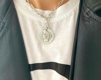 Antique Silver Charm Pendant Coin Chain Minimalist Necklace, Womens jewelry, Gift for her, Boho necklace