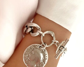 Vintage Chunky Bracelet, Silver Pendant Coin Bracelet, Heavy Chain Statement Jewelry, Gift for Her