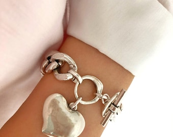 Vintage Antique Silver Chunky Heart Charm Bracelet, Bold Curb Chain Statement Jewelry, Gift for Her