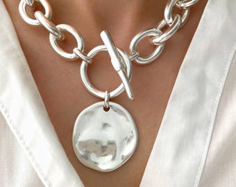 Silver Chunky Charm Choker Massive Necklace, Silver Curb Chain Toggle Clasp, Pendant Modern Statement Jewelry, Gift for Her.