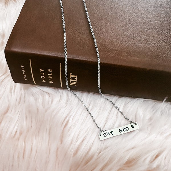 But God Hand Stamped Stainless Steel 18” Bar Necklace