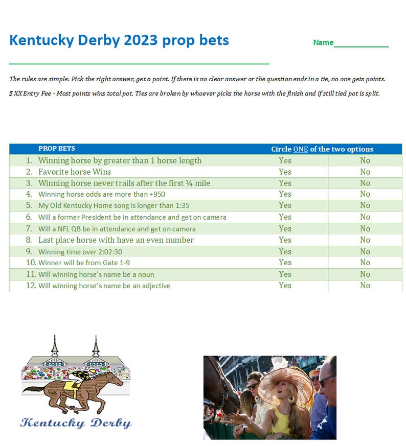 Kentucky Derby Party Prop Bet Printable Sheet. Fun Party Favors for