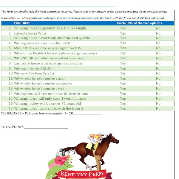Kentucky Derby Party Prop Bet Printable Sheet. Fun Party Favors for Friends. Easy Game for anyone to play. 17 Different Prop Bets!