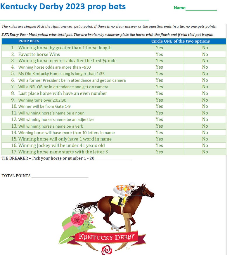 Kentucky Derby Party Prop Bet Printable Sheet. Fun Party Favors for