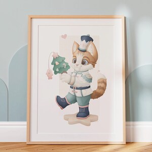 Kat notenkraker illustratie Giclée-print: muurkunst kerstkat speelgoedboom