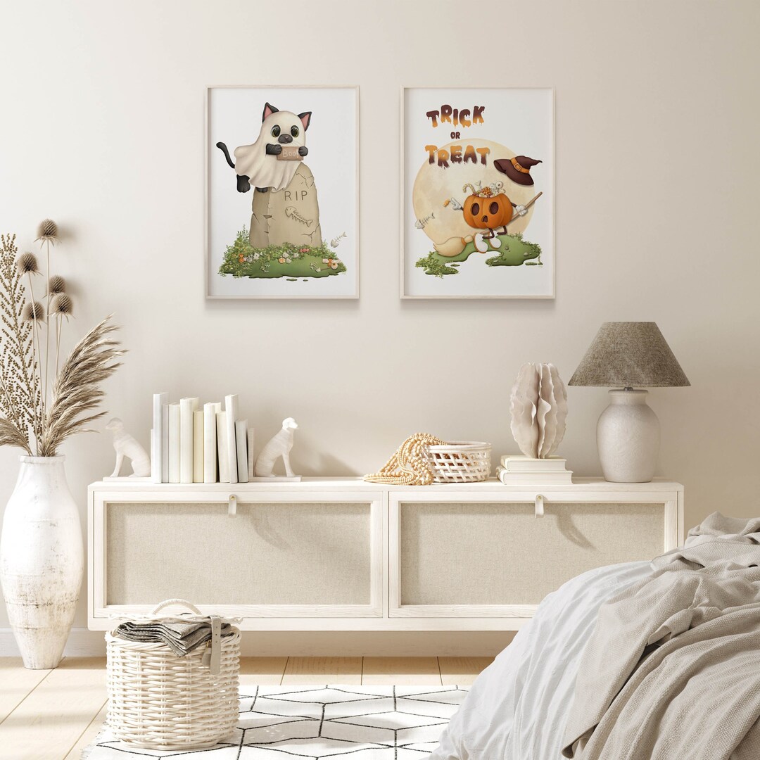 Halloween Printable Wall Art Set of 2, Spooky Black Cat Ghost Print ...