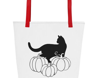 All-Over Print Große Tote Bag Katze mit Kürbissen Herbsternte Halloween gruselig