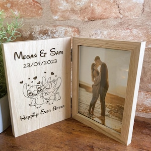 Moldura de foto personalizada Angel & Stitch Lilo Kiss da Disney para casamento, noivado e aniversário, livro de carvalho maciço, filho, nora e amiga
