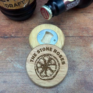 The Stone Roses Bottle Opener Coaster Wooden Engraved