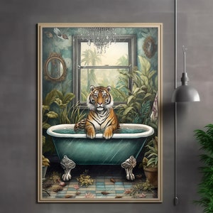 Tiger in Bath Bathroom Art Print, Maximalist Animal in Bathtub Jungle Wall Art, Funny Bathroom Printable, Eclectic Boho Bathroom Home Decor