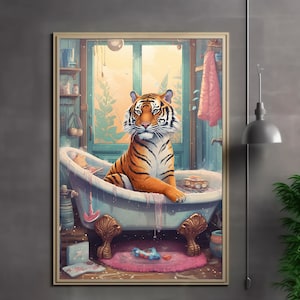 Décoration murale tigre dans la salle de bain | Animal maximaliste dans la baignoire, impression jungle | Salle de bain amusante à imprimer | Décoration d&#39;intérieur bohème éclectique pour salle de bain