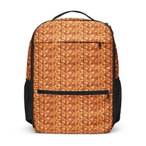 May include: A backpack with a repeating orange and yellow pattern, black zippers, and black mesh side pockets. The backpack has a black handle and a padded back for comfort. The bag is designed for carrying books, laptops, and other essentials.
