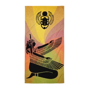 Puede incluir: Una silueta negra de una diosa egipcia con las alas extendidas, arrodillada sobre un fondo colorido con un escarabajo en un círculo sobre ella.