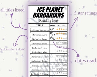 Segnalibro del registro di lettura della serie Ice Planet Barbarians, un segnalibro stampabile per tenere traccia dei tuoi progressi mentre leggi i libri IPB