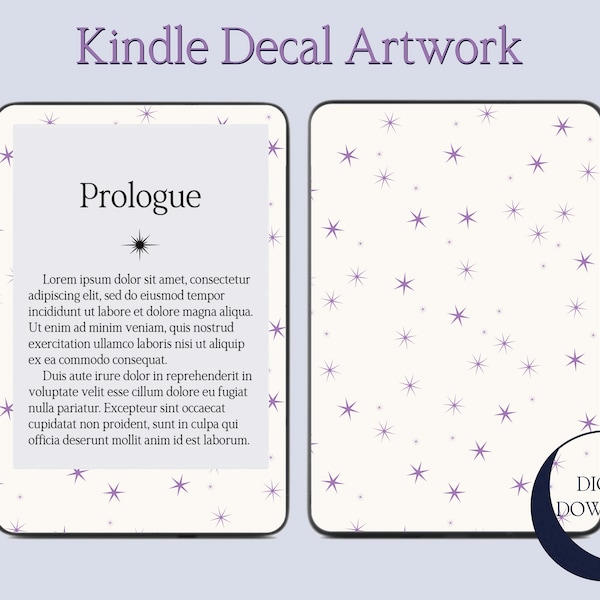 Digital Download, Kindle E-Reader Decal Artwork, Downloadable PNG File for Kindle cover, Bookish Art Design, Cream with Lavender Stars